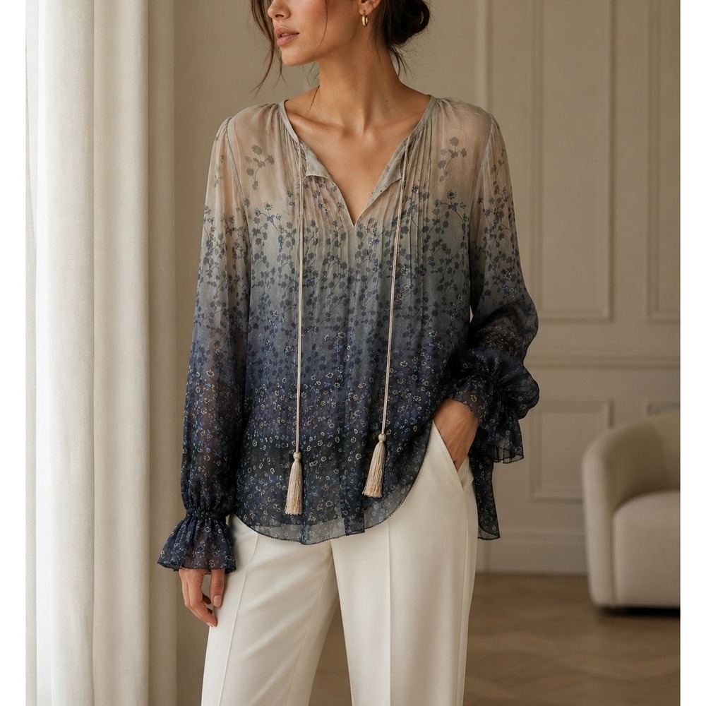 PER SE BY CARLISLE Floral Ombre Poet Sleeve Silk Tunic Blouse Top